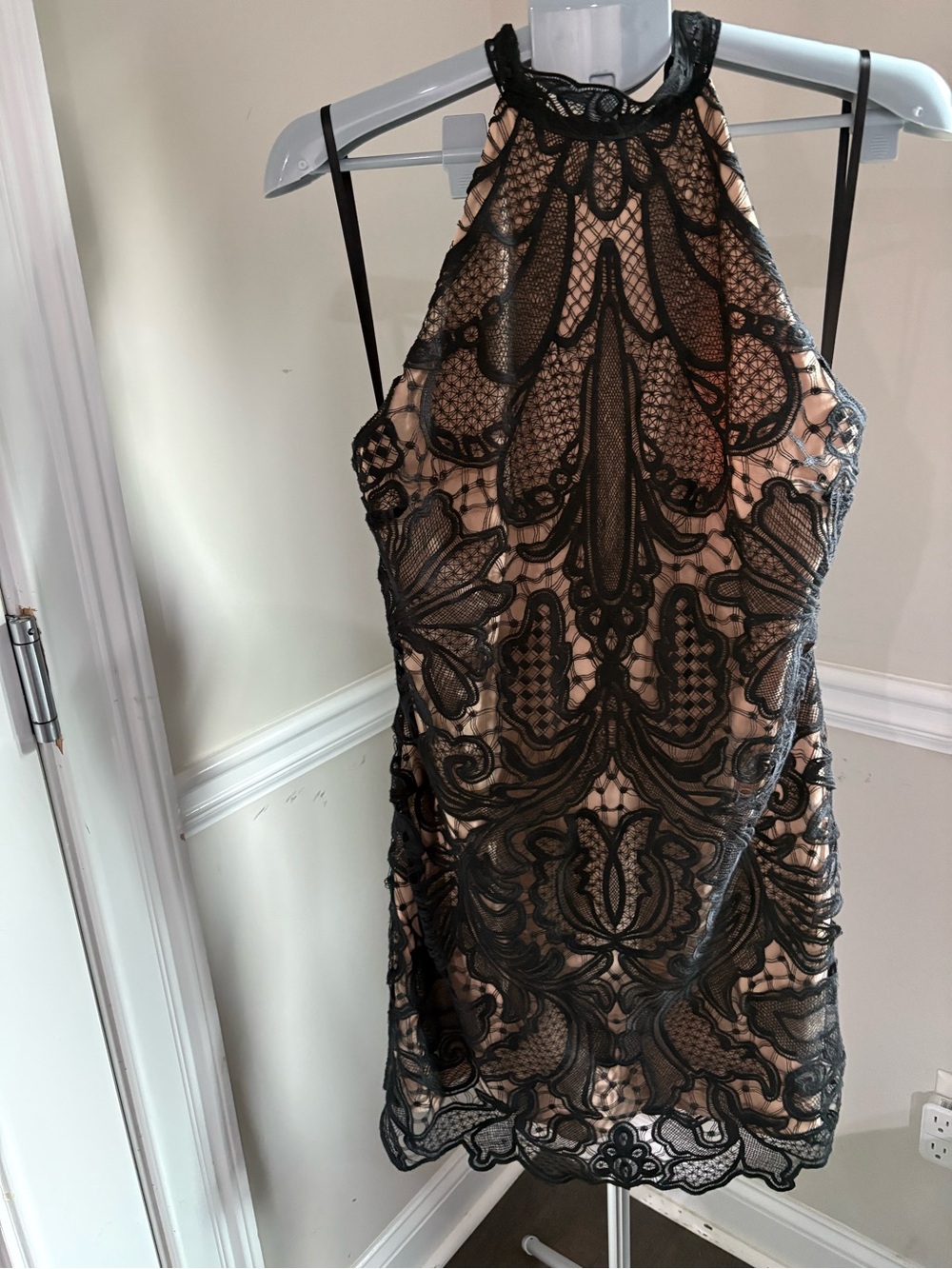 bebe Black Lace Overlay on Nude Mini Halter Dress